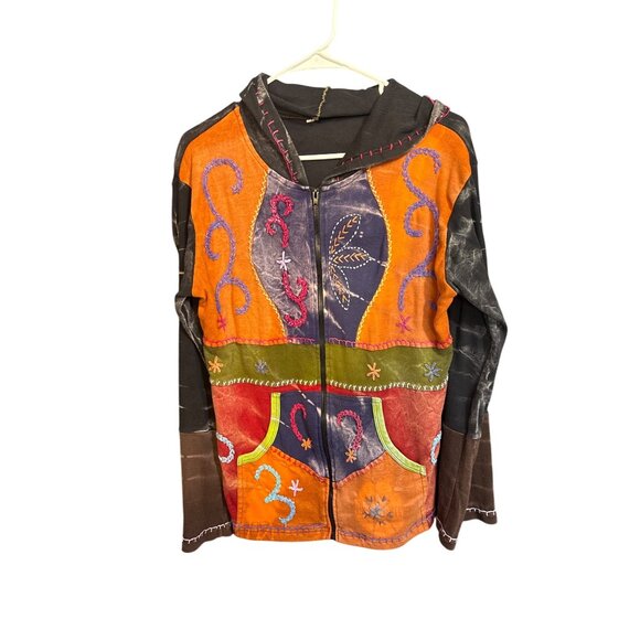 Handmade Patchwork Embroidered Cotton Hooded Jacket With Zip-Up Front & Pockets - Picture 1 of 7